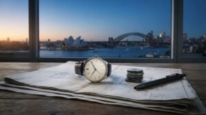 Wristwatch, architectural plans, coins, and pen on a desk overlooking Sydney Harbour at dusk, symbolizing project timelines and planning.