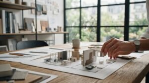 Designer arranging a miniature interior layout model on architectural plans in a modern design studio with material samples.
