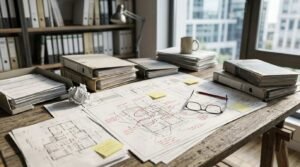 Planning documents marked with review notes, blueprints, and paperwork on an office desk, illustrating common mistakes that delay zoning approval applications.