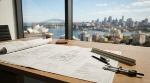 Architectural blueprints, drafting tools, ruler, and compass on a desk with Sydney Harbour and Opera House views in the background.