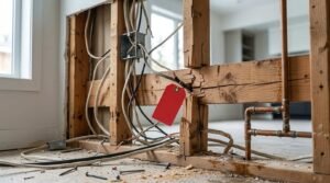 Exposed wall framing with unfinished electrical wiring, copper plumbing, and a red inspection tag highlighting unpermitted renovation work that may require inspection and retroactive permit approval.