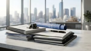 Stacked architectural plans, blueprints, design documents, and notebooks with a fountain pen on a modern office desk overlooking a city skyline.