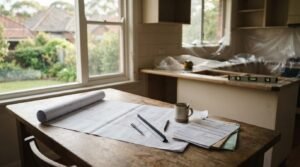 Kitchen renovation plans, permit documents, and measuring tools on a table inside a kitchen under renovation.