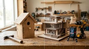 Side-by-side comparison of a DIY birdhouse project and a professional architectural home model with construction tools.