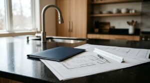 Kitchen remodeling plans, notebook, ruler, and pen on a countertop beside a modern kitchen sink.