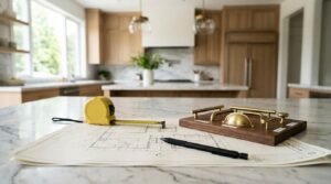 Kitchen remodel floor plan with measuring tape, cabinet hardware samples, and design tools on a marble island countertop.