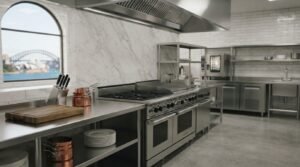 Modern commercial kitchen renovation with stainless steel cooking equipment, ventilation hood, prep counters, and marble finishes in a professional workspace.