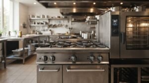 Professional commercial kitchen with stainless steel gas range, combi oven, ventilation hood, and industrial cooking equipment in a modern workspace.