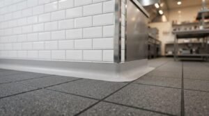 Close-up of commercial kitchen flooring with hygienic coved base, tiled wall, and stainless steel equipment designed for easy cleaning and food safety.