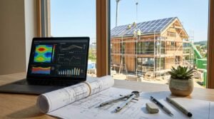 Sustainable home construction plans with solar-powered house and architectural workspace.