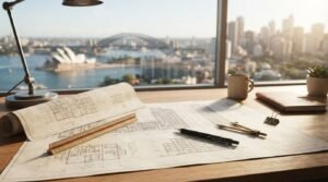 Architectural blueprints, ruler, compass, and drafting tools on a desk overlooking the Sydney Opera House and Harbour Bridge.