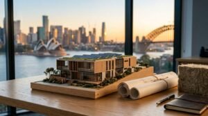 Scale model of a modern eco-friendly home with rooftop solar panels, architectural plans, and sustainable insulation sample on a desk.