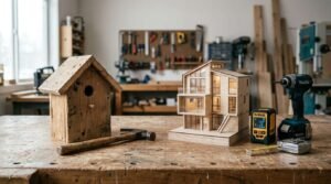 Comparison of a DIY birdhouse project and a professional architectural house model with construction tools on a workshop bench.