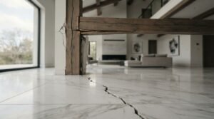 Large crack extending through a tiled floor and into a damaged timber support beam in a modern home, illustrating serious structural movement that requires inspection by a structural engineer before repairs or renovation work.