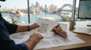 Planner reviewing a residential development application with site plans overlooking the Sydney skyline, representing Australian development approval and planning processes.