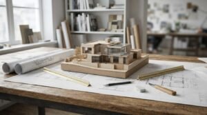 Architectural scale model displayed on building plans with drafting tools, rulers, and rolled blueprints in a professional design studio.