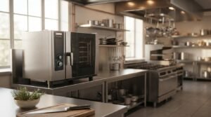 Professional commercial kitchen with a stainless steel combi oven, prep station, and industrial cooking equipment in a modern food service facility.