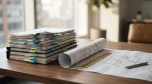 Stacked construction documents, rolled architectural blueprints, ruler, and pen on a wooden office desk.