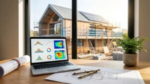 Laptop displaying energy analysis beside architectural plans overlooking a sustainable home under construction with solar panels.