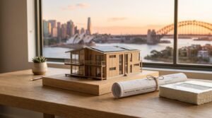 Architectural model of a modern sustainable home with solar panels beside building plans on a desk.