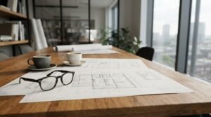 Architectural blueprints on a conference table with coffee cups and glasses in a modern office, prepared for a project planning and design meeting.