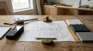 Kitchen remodel blueprint with measuring tools, material samples, laser distance meter, and drafting supplies on a workbench.