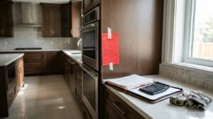 Renovated kitchen with a red inspection notice posted on cabinetry, alongside paperwork, a calculator, measuring tape, and work gloves, representing the costs and documentation involved in obtaining a retroactive building permit.
