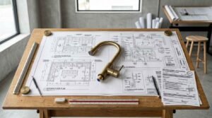 Kitchen renovation permit plans, plumbing fixture, blueprints, and drafting tools on a planning table.