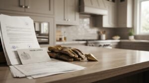 Contractor license documents, work gloves, and compliance paperwork on a kitchen countertop before renovation.