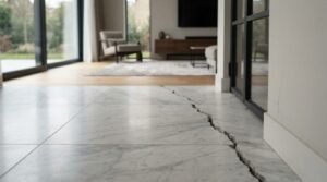 Large crack running through marble floor tiles in a modern home, illustrating potential foundation movement or structural damage that requires professional inspection and structural engineering assessment.