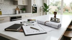 Certificate of Occupancy checklist, architectural plans, inspection tools, and project documents on a modern kitchen island, representing the final approval process before occupancy.