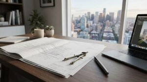Architectural blueprints, drafting compass, laptop, and design tools on a modern office desk overlooking a city skyline, representing the preparation and review of documents for a retroactive building permit application.