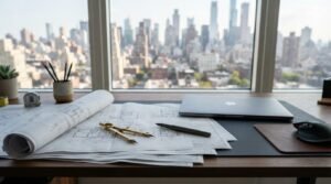 Architectural drawings, drafting tools, and a laptop on a workspace overlooking a city skyline, illustrating the preparation of plans and documentation for a retroactive building permit application.