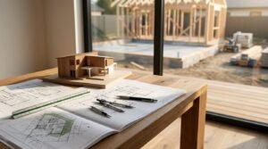Architectural model, building plans, and drafting tools on a desk overlooking a residential construction site, illustrating the Complying Development Certificate (CDC) planning process.