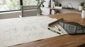 Architectural drawings, measuring scale, pens, and a tablet on a professional workspace, representing the preparation of plans and documentation for a retroactive building permit application.