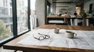 Architectural blueprints spread across a meeting table with coffee cups and glasses in a modern design office, ready for project planning and collaboration.