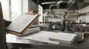 Commercial kitchen renovation plans and permit documents on a stainless steel worktable.
