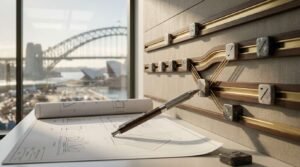 Architectural plans, project timeline diagram, and design tools displayed in a modern office with the Sydney Harbour Bridge in the background, representing the retroactive building permit approval process and timeline in Sydney, NSW.