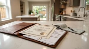Certificate of Occupancy document, inspection paperwork, and final project records on a modern kitchen countertop, representing successful renovation approval and project completion.