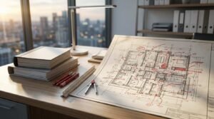 Marked-up architectural floor plan with review notes, rulers, and project files on an office desk, representing the building permit approval and revision process.