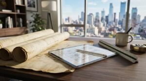 Rolled architectural plans, digital floor plan on a tablet, and measuring tools on a desk, illustrating the retroactive building permit planning and documentation process.