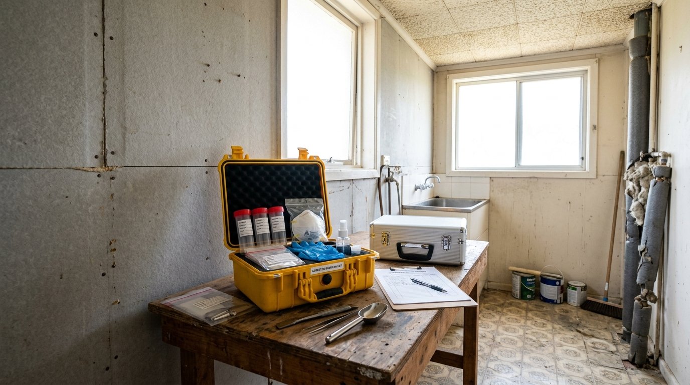 Older Sydney home prepared for asbestos inspection with suspect building materials, sealed sample containers, and testing equipment before renovation begins.