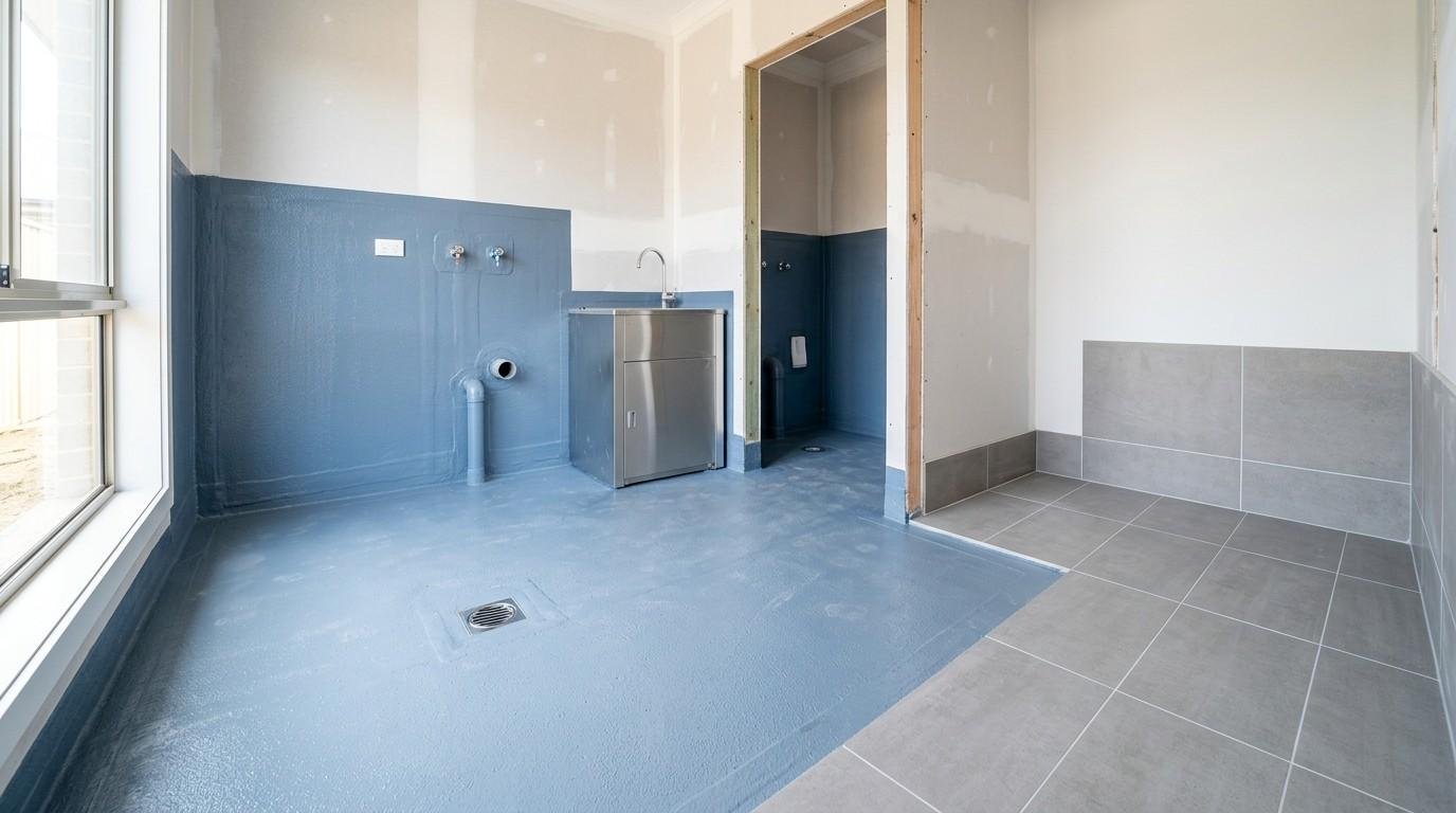 Australian laundry showing AS 3740-compliant waterproofing membrane applied to floors, wall junctions, and splash zones before tiling.