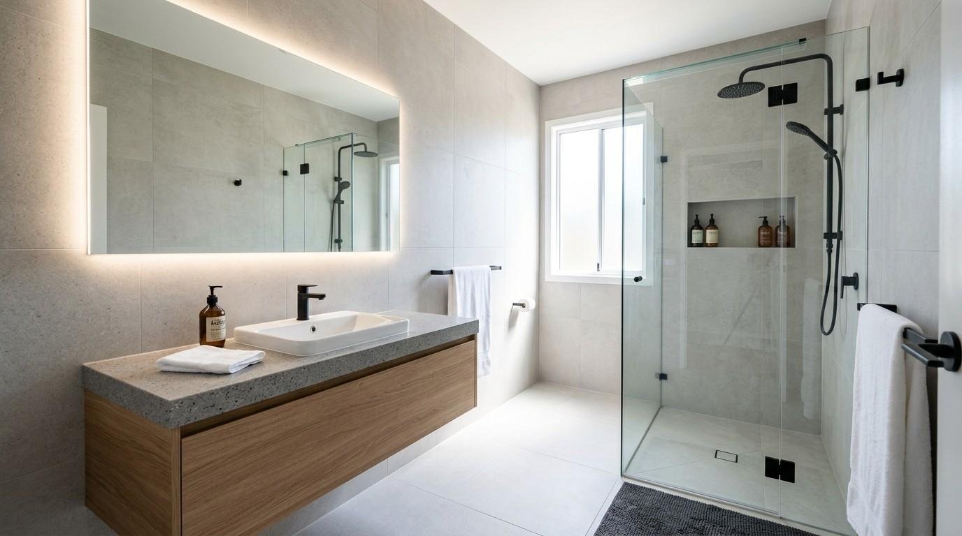 Modern short-term rental bathroom with durable porcelain tiles, floating vanity, frameless shower, and premium fixtures.
