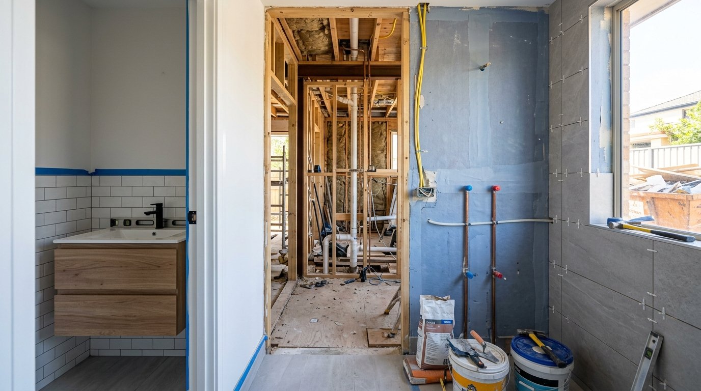Three stages of a Sydney bathroom renovation showing cosmetic upgrades, a standard remodel, and a full gut-and-rebuild to illustrate increasing labour scope and complexity.