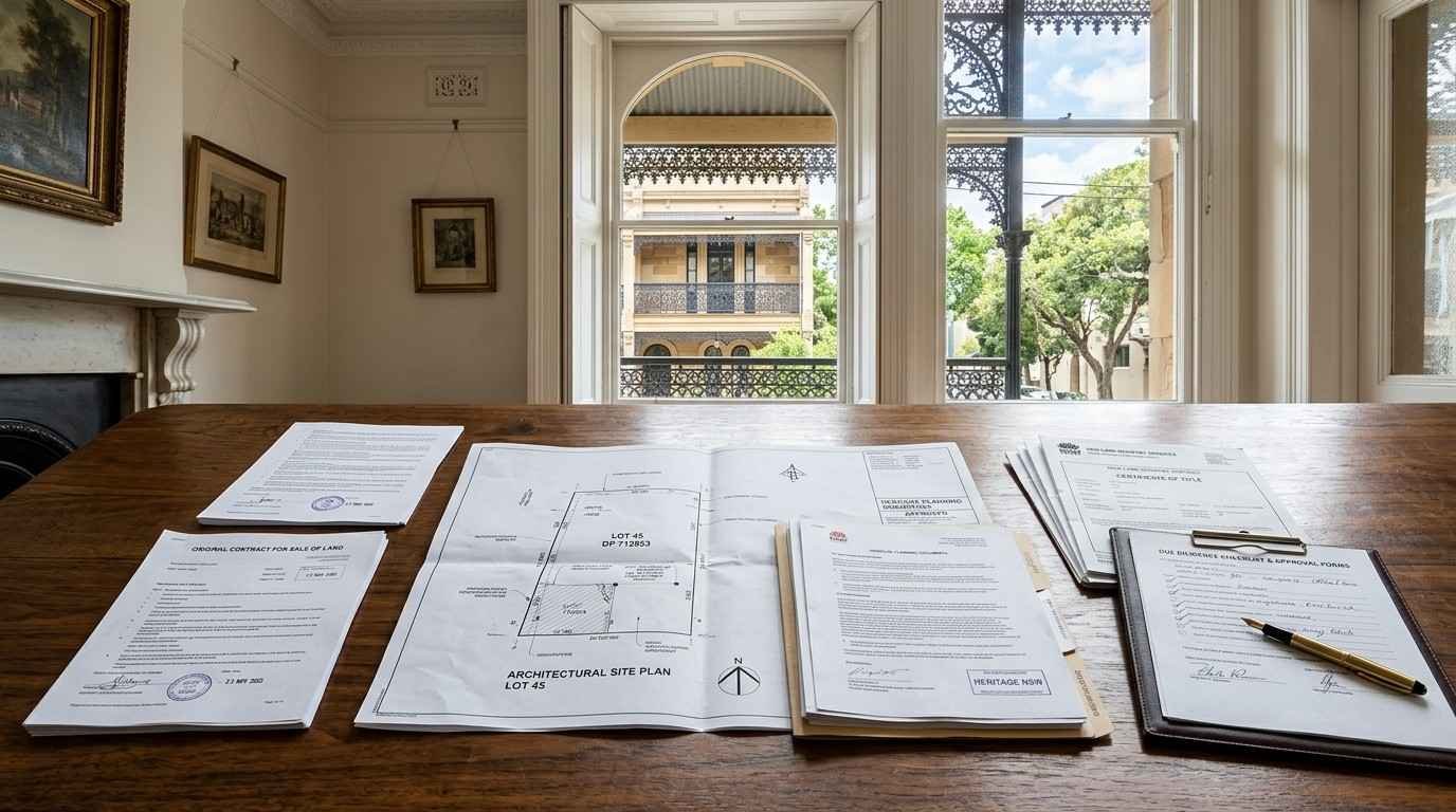 Heritage-listed property purchase documents displayed on a table inside a Victorian-era Sydney home, including architectural site plans, contracts, heritage approval paperwork, and legal forms, highlighting the planning, compliance, and due diligence involved in buying a heritage-listed property.