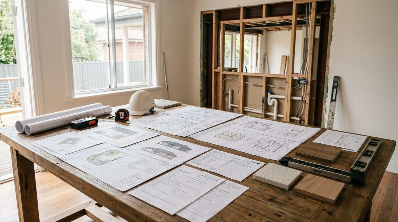 Sydney kitchen renovation planning workspace with development approval documents, construction certificates, engineering plans, and structural renovation drawings illustrating projects that require both DA and CC approvals.