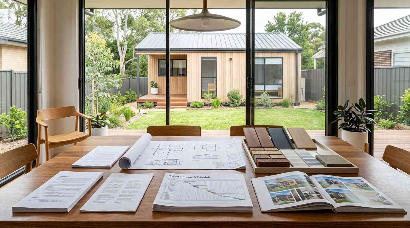 Secondary dwelling contract, plans, and builder documents displayed beside a completed Sydney granny flat.
