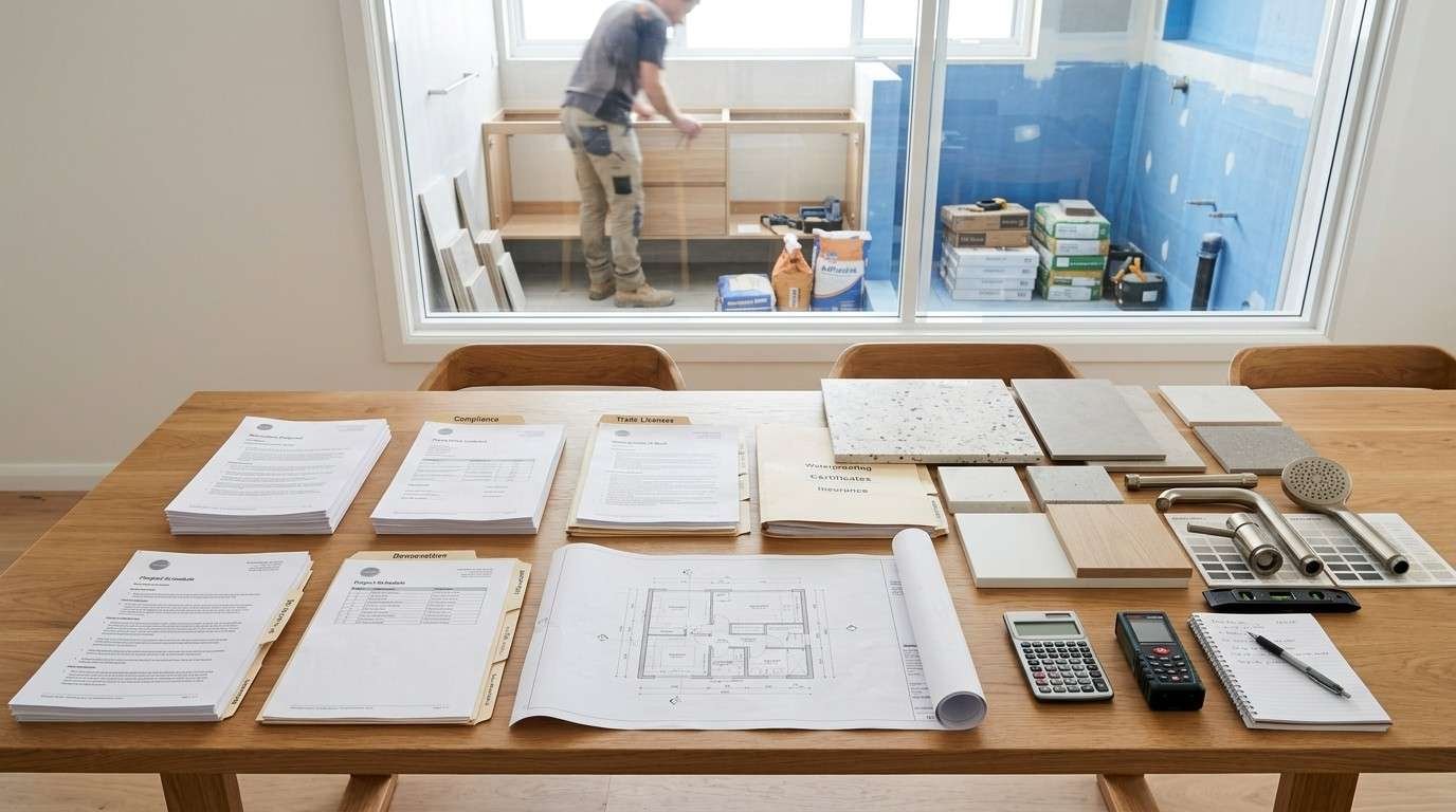 Sydney ensuite renovation consultation with detailed contracts, insurance documents, material samples, and project plans prepared for selecting a licensed renovation contractor.