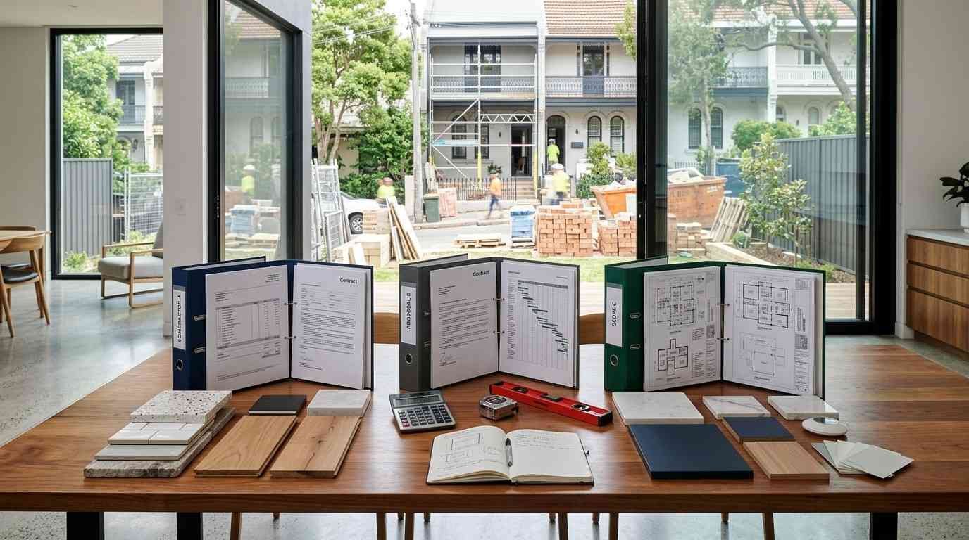 Sydney renovation contractor comparison with detailed quotes, contracts, insurance documents, and material samples prepared for selecting the right licensed renovation professional.